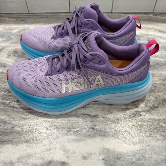 Hoka Bondi 8 Lavender Teal and White Athletic Shoes Walking and Running Shoes - Picture 3 of 10